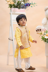 kids sunshine yellow kurta pyjama with gold nehru jacket