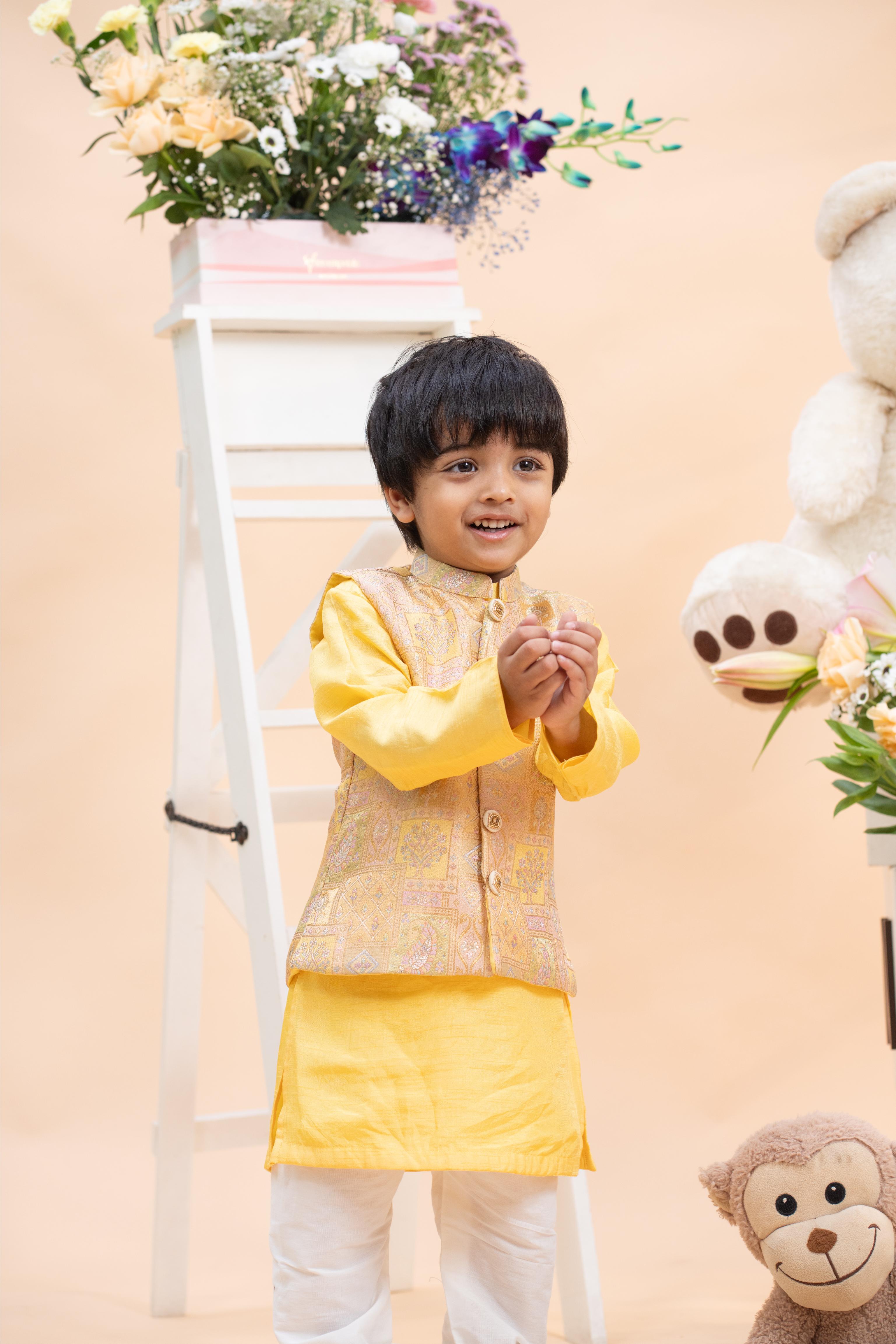 designer boys yellow kurta jacket set for wedding and festive wear
