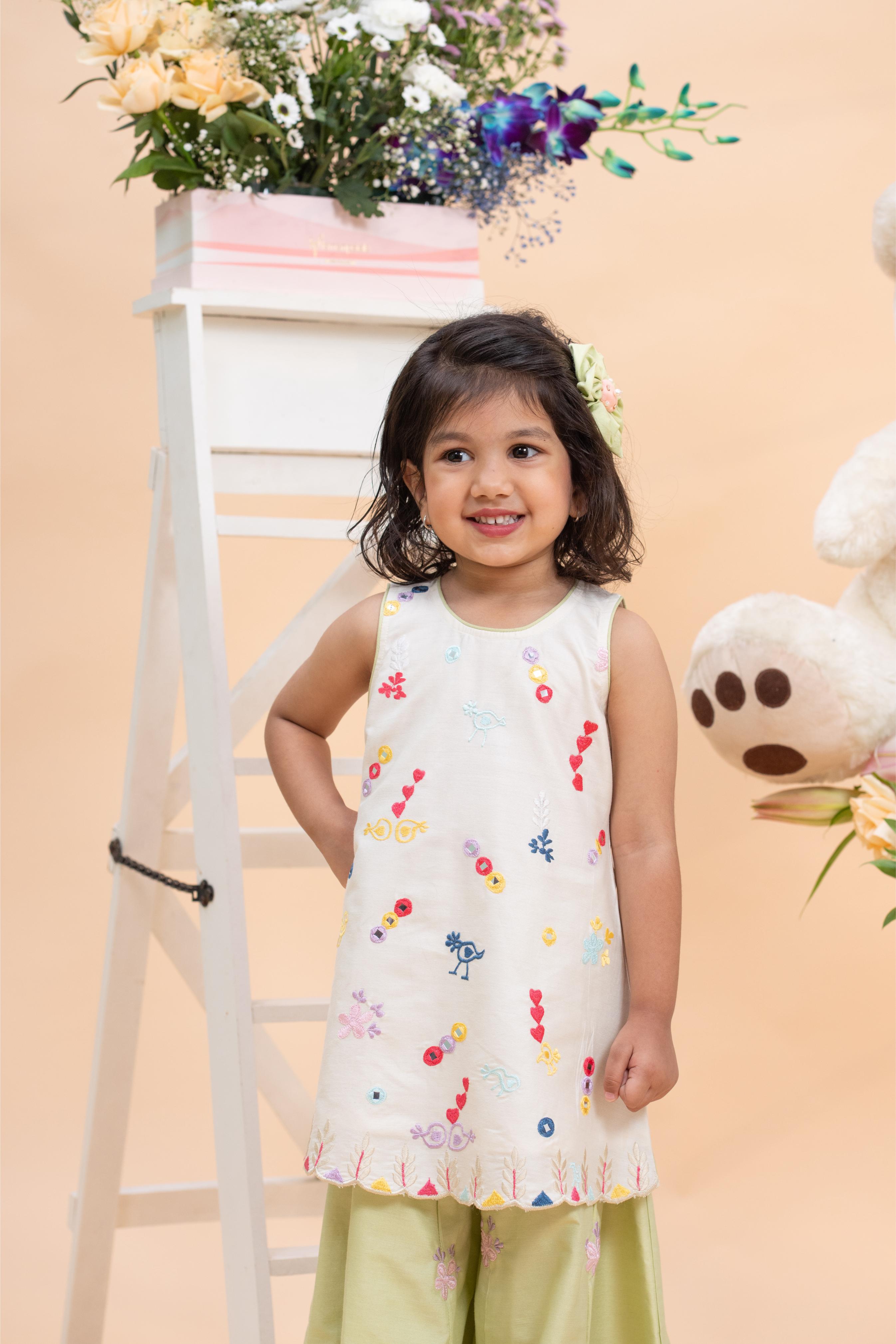 kids ivory embroidered kurti with pistachio sharara ethnic outfit