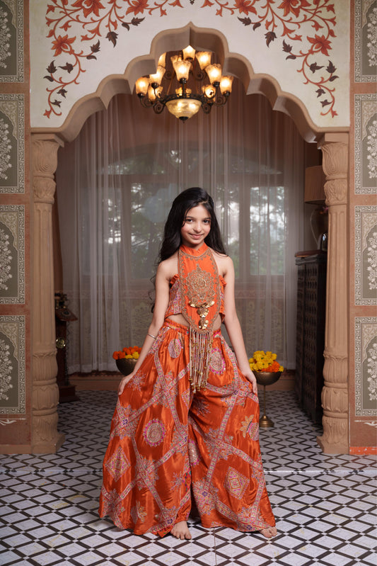 Rust Orange Embroidered Crop Top with Statement Tassels and Printed Floor-Length Palazzo Set