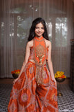Rust Orange Embroidered Crop Top with Statement Tassels and Printed Floor-Length Palazzo Set