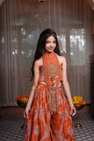 Rust Orange Embroidered Crop Top with Statement Tassels and Printed Floor-Length Palazzo Set
