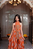 Rust Orange Embroidered Crop Top with Statement Tassels and Printed Floor-Length Palazzo Set