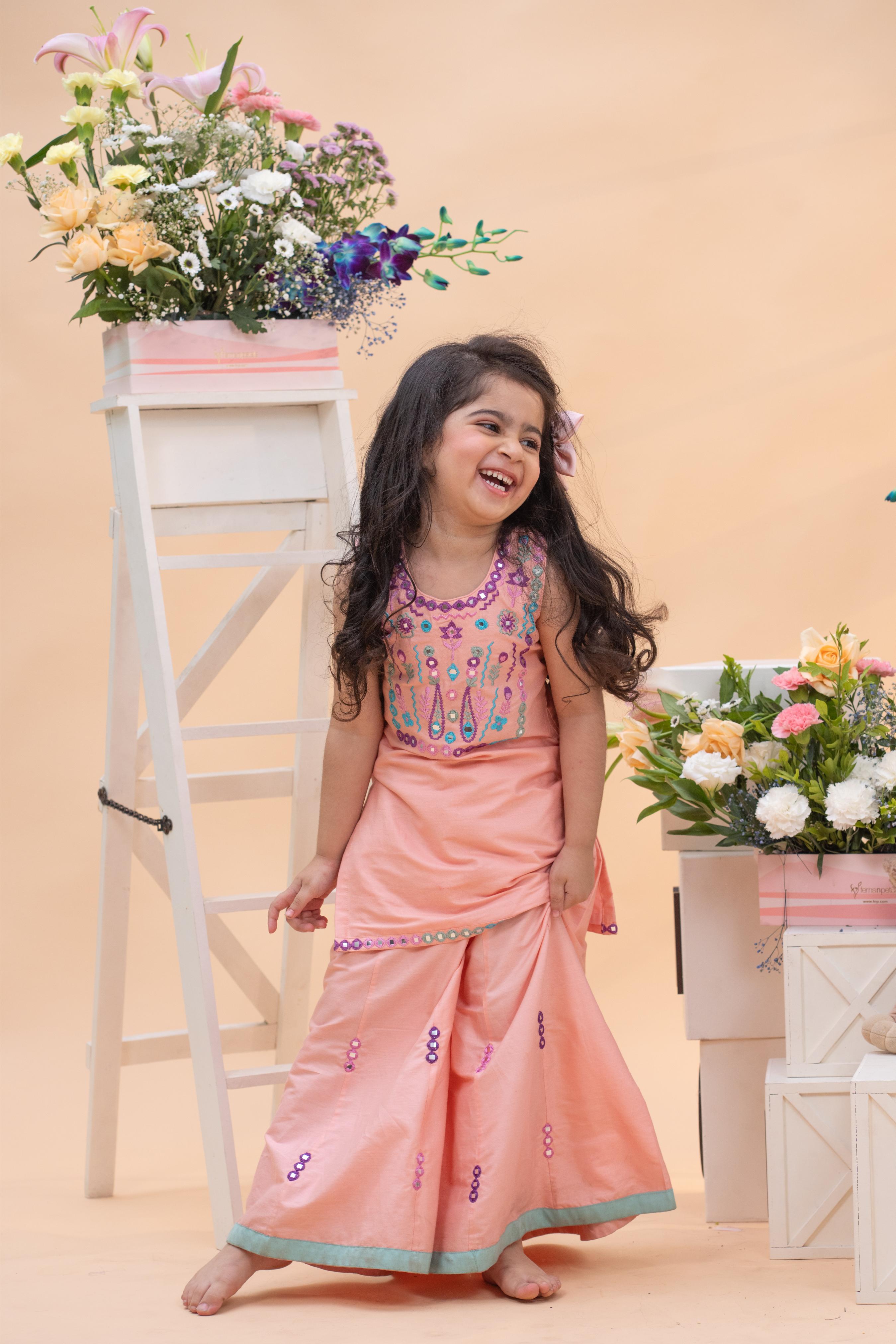 kids peach embroidered kurti with palazzo ethnic outfit
