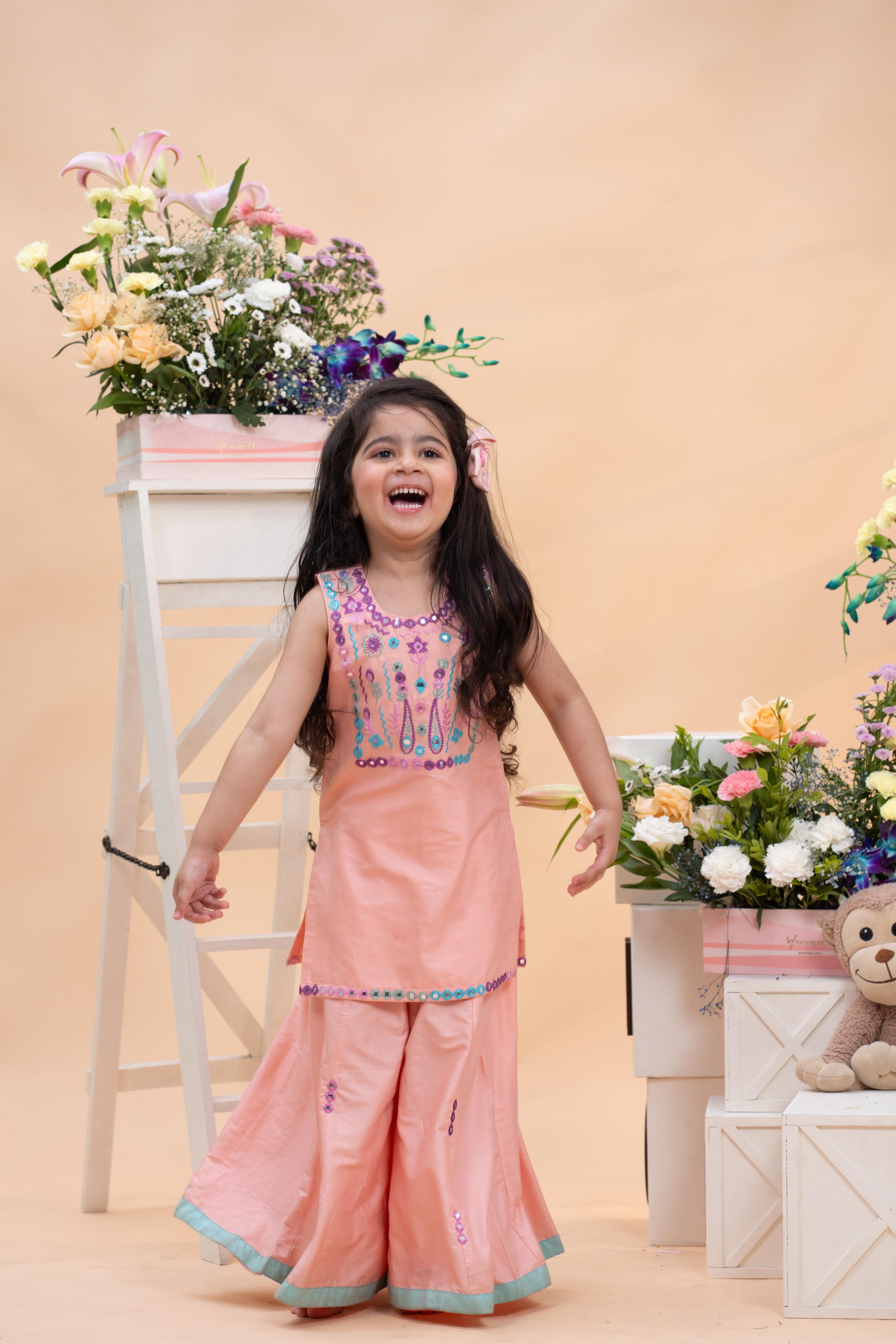 designer peach kurti palazzo outfit for girls festive wear