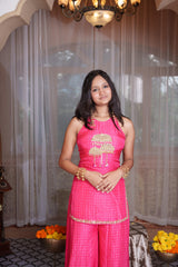 Blush Pink Embroidered Peplum Top With Flared Palazzo Pants & Sheer Dupatta Set (Copy)