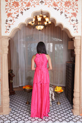 Blush Pink Embroidered Peplum Top With Flared Palazzo Pants & Sheer Dupatta Set (Copy)