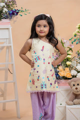 kids pastel yellow embroidered kurti with lavender salwar ethnic outfit
