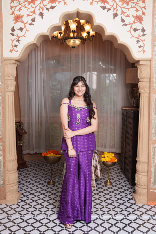 Purple Embroidered Peplum Top With Flared Palazzo Pants & Jewellery-Inspired Detailing