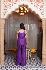 Purple Embroidered Peplum Top With Flared Palazzo Pants & Jewellery-Inspired Detailing