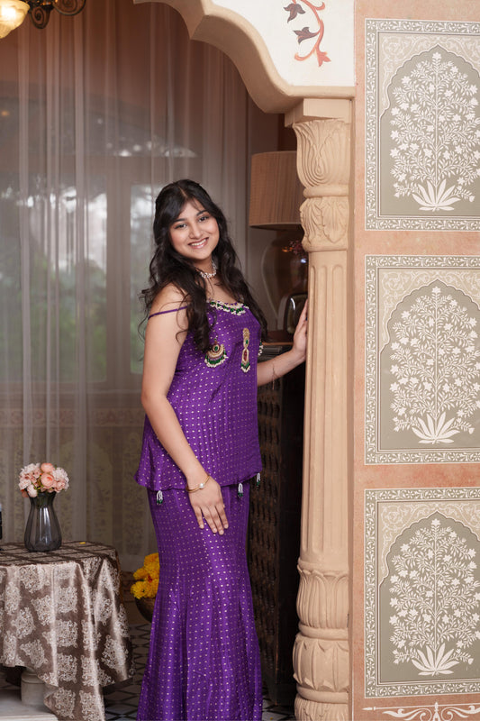Purple Embroidered Peplum Top With Flared Palazzo Pants & Jewellery-Inspired Detailing