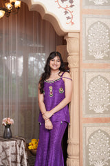 Purple Embroidered Peplum Top With Flared Palazzo Pants & Jewellery-Inspired Detailing