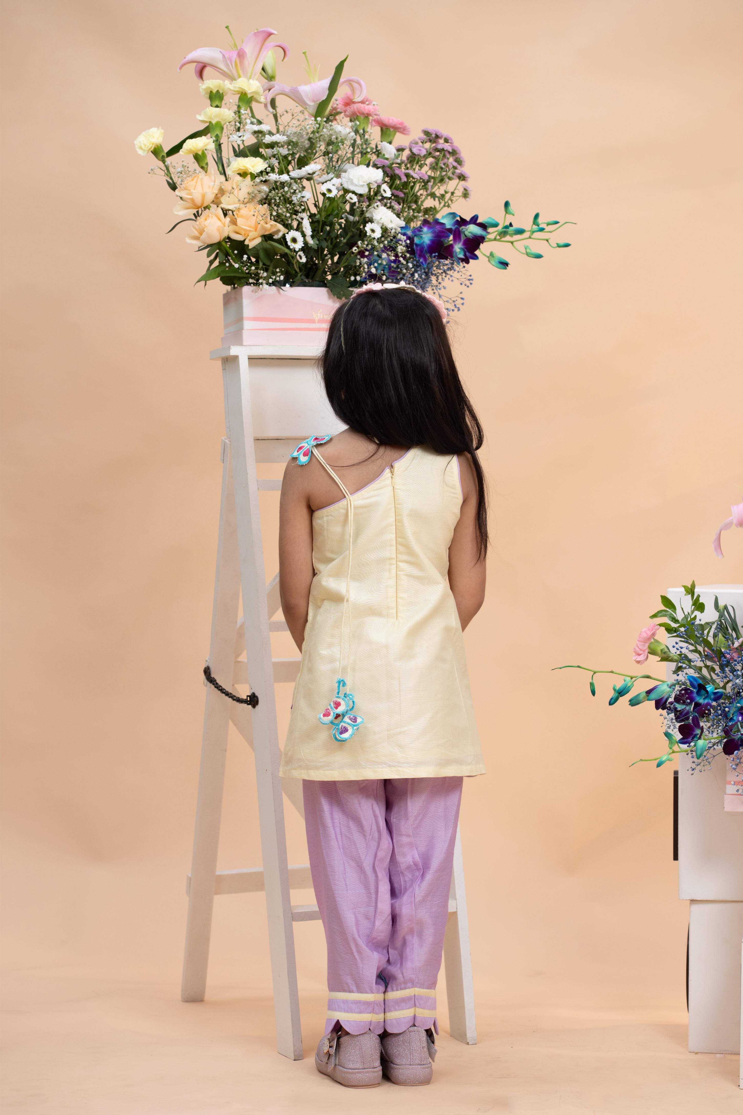 designer pastel yellow kurti lavender salwar outfit for girls festive wear