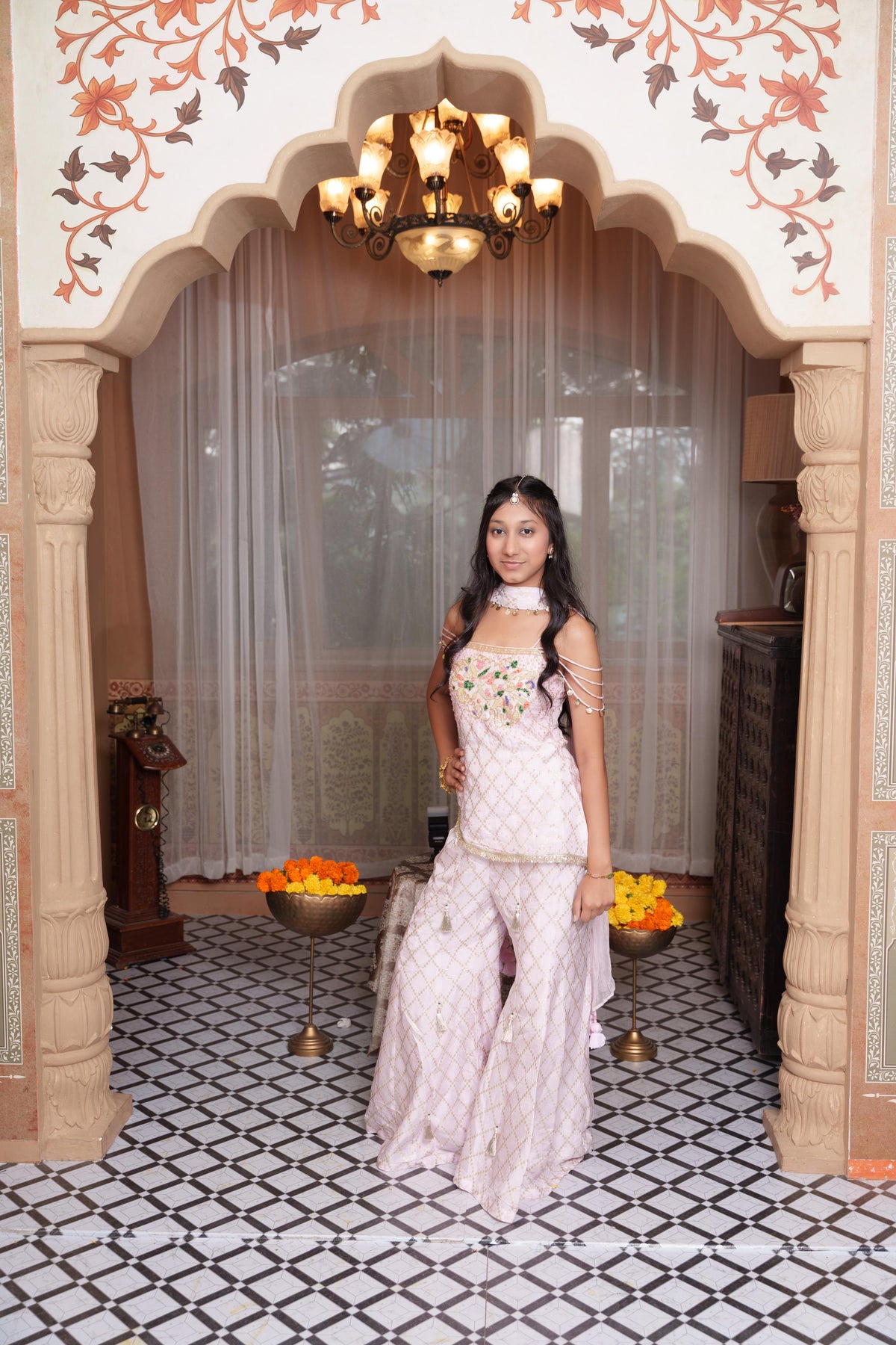 Soft Pink Embroidered Peplum Top With Flared Palazzo Pants & Dupatta