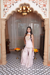 Soft Pink Embroidered Peplum Top With Flared Palazzo Pants & Dupatta