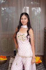 Soft Pink Embroidered Peplum Top With Flared Palazzo Pants & Dupatta