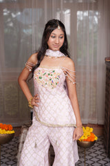 Soft Pink Embroidered Peplum Top With Flared Palazzo Pants & Dupatta