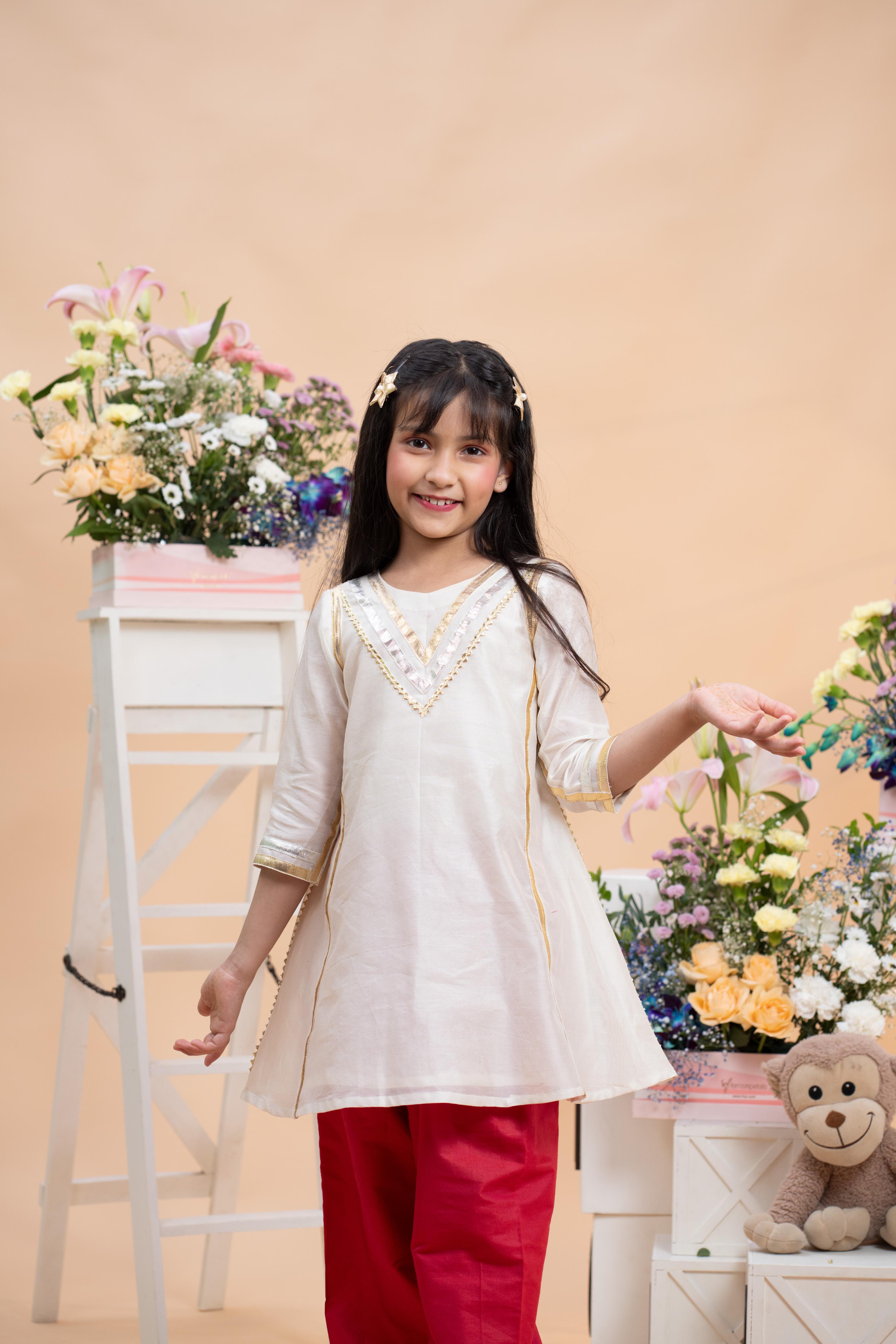 designer ivory kurti red farsi salwar outfit for girls festive wear