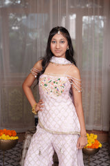 Soft Pink Embroidered Peplum Top With Flared Palazzo Pants & Dupatta