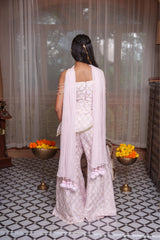 Soft Pink Embroidered Peplum Top With Flared Palazzo Pants & Dupatta