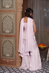Soft Pink Embroidered Peplum Top With Flared Palazzo Pants & Dupatta