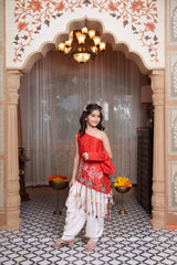 Red Embroidered One-Shoulder Dhoti Set with Handcrafted Tassel Detailing
