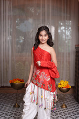 Red Embroidered One-Shoulder Dhoti Set with Handcrafted Tassel Detailing