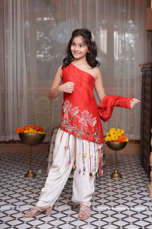 Red Embroidered One-Shoulder Dhoti Set with Handcrafted Tassel Detailing