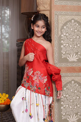 Red Embroidered One-Shoulder Dhoti Set with Handcrafted Tassel Detailing