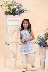 sky blue embroidered kurti with white dhoti pants set for girls by Kirti Agarwal