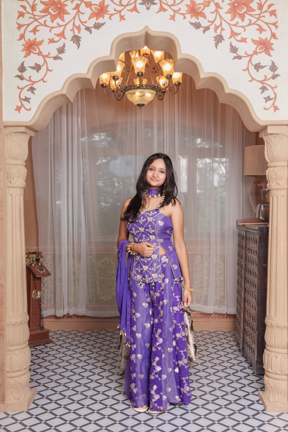 Periwinkle Brocade Silk Peplum Top & Flared Palazzo Set With Chiffon Dupatta