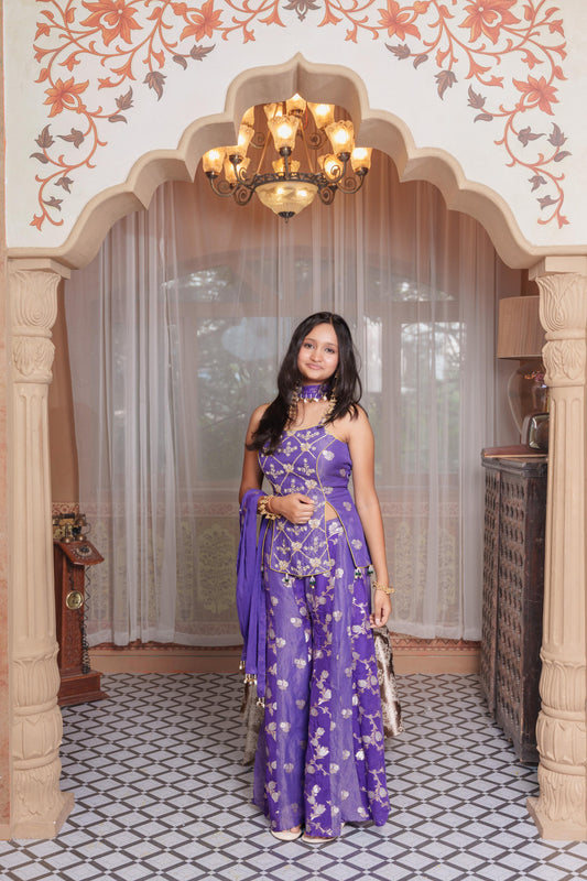 Periwinkle Brocade Silk Peplum Top & Flared Palazzo Set With Chiffon Dupatta