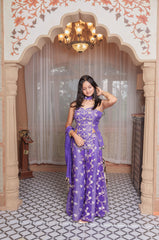 Periwinkle Brocade Silk Peplum Top & Flared Palazzo Set With Chiffon Dupatta