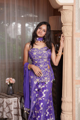 Periwinkle Brocade Silk Peplum Top & Flared Palazzo Set With Chiffon Dupatta