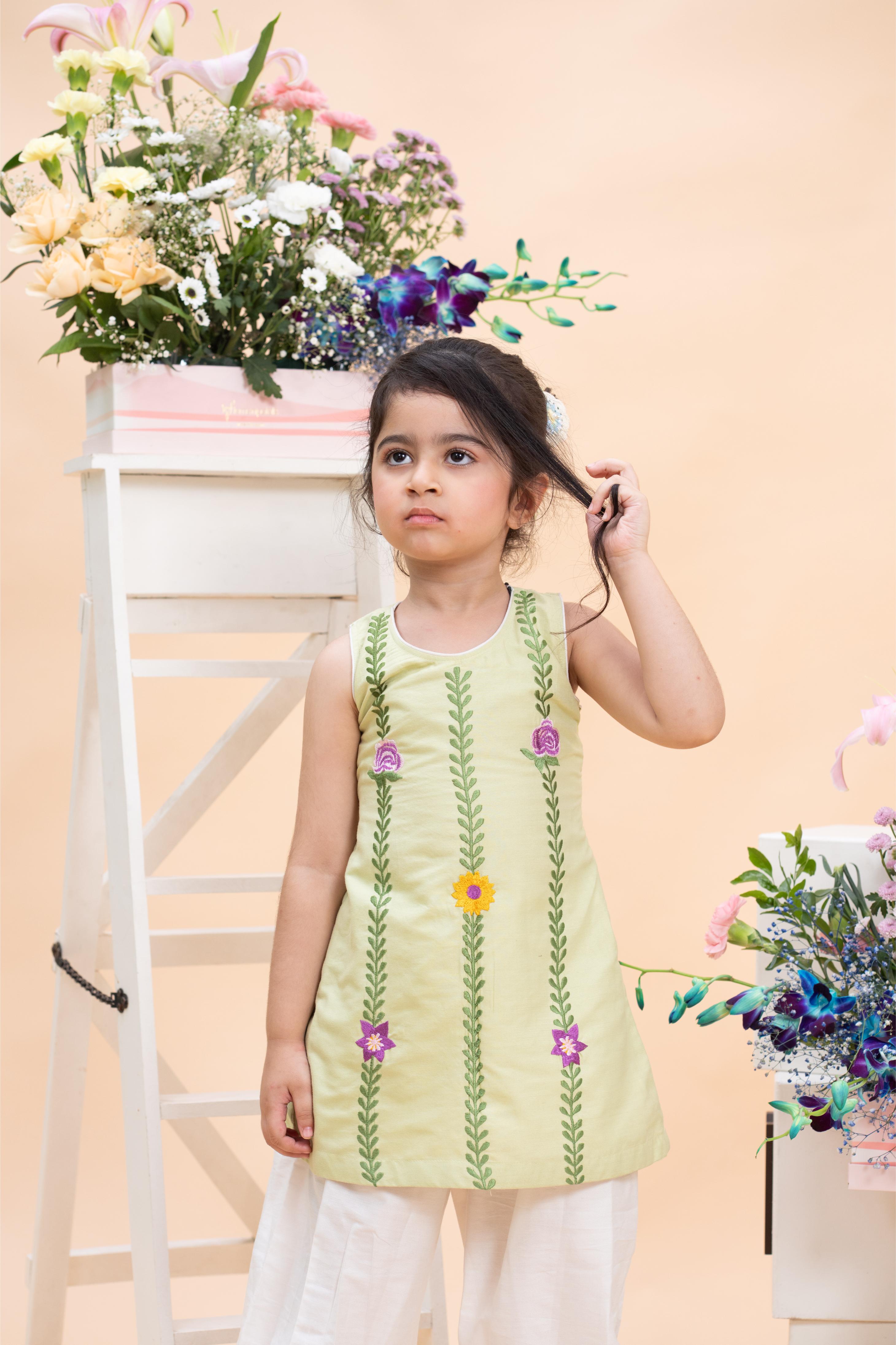 kids pistachio embroidered kurti with white pants ethnic outfit
