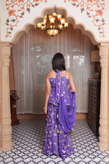 Periwinkle Brocade Silk Peplum Top & Flared Palazzo Set With Chiffon Dupatta