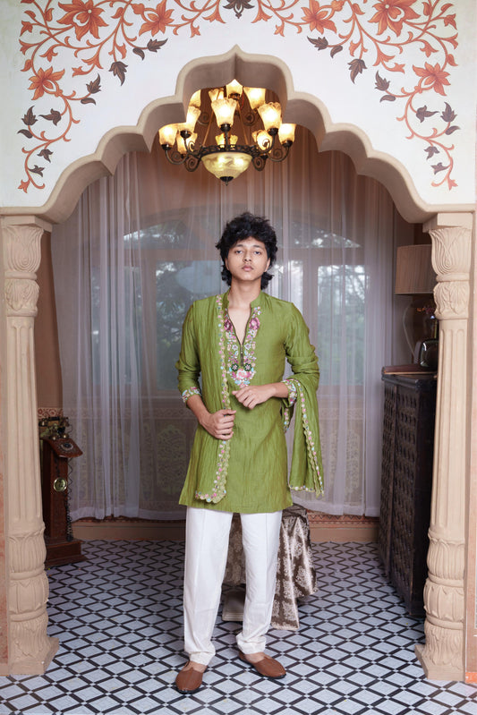 Olive Green Floral Embroidered Kurta Set With White Pyjama & Dupatta