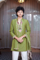 Olive Green Floral Embroidered Kurta Set With White Pyjama & Dupatta