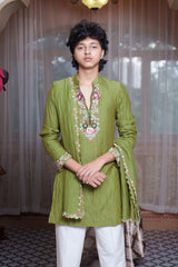 Olive Green Floral Embroidered Kurta Set With White Pyjama & Dupatta