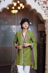 Olive Green Floral Embroidered Kurta Set With White Pyjama & Dupatta