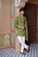 Olive Green Floral Embroidered Kurta Set With White Pyjama & Dupatta