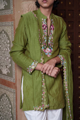 Olive Green Floral Embroidered Kurta Set With White Pyjama & Dupatta