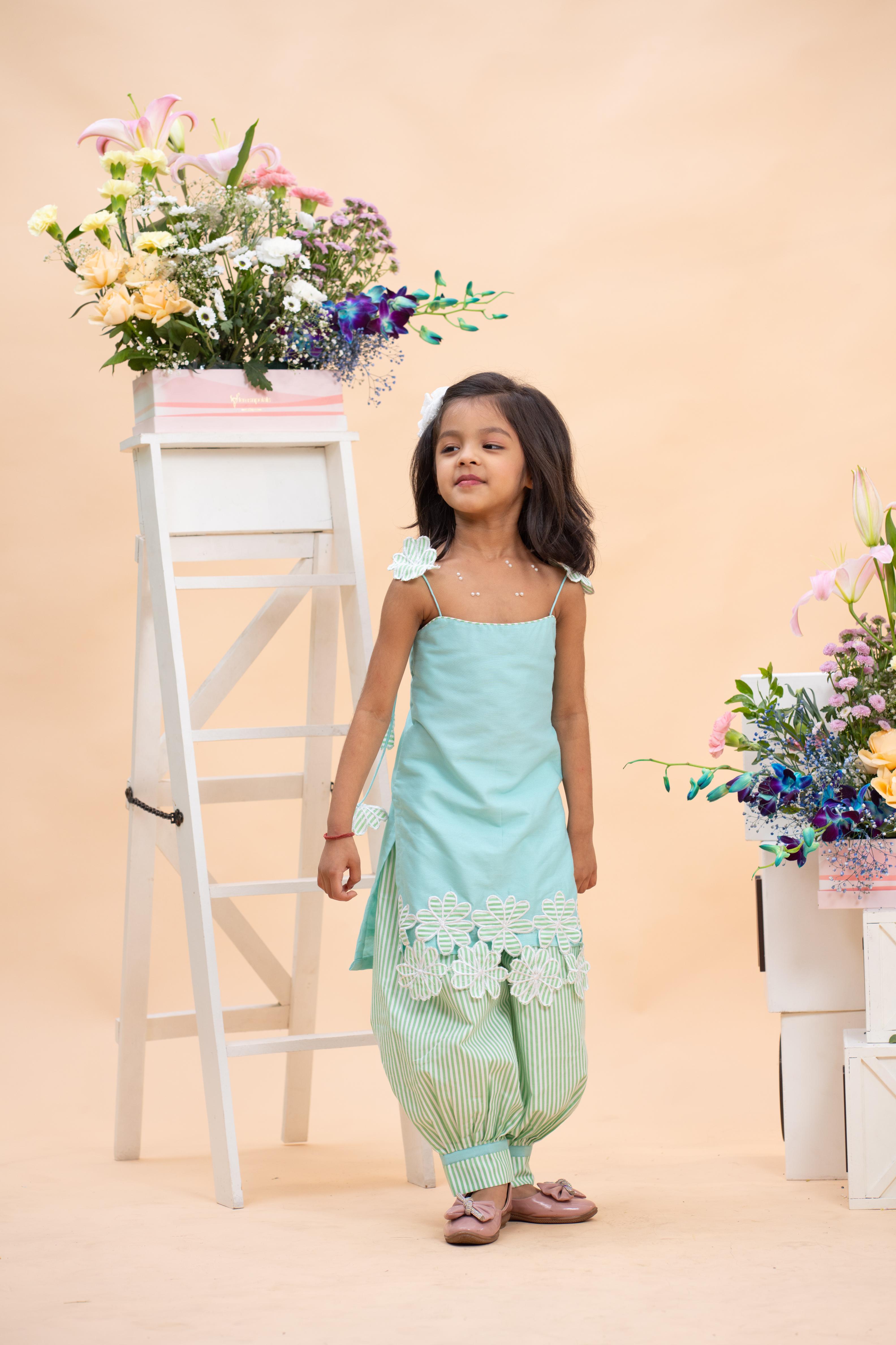 mint green lace kurti with striped dhoti set for girls by Kirti Agarwal