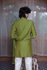 Olive Green Floral Embroidered Kurta Set With White Pyjama & Dupatta