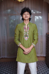 Olive Green Floral Embroidered Kurta Set With White Pyjama & Dupatta
