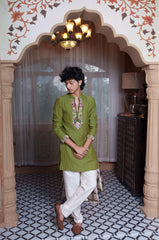 Olive Green Floral Embroidered Kurta Set With White Pyjama & Dupatta