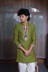 Olive Green Floral Embroidered Kurta Set With White Pyjama & Dupatta