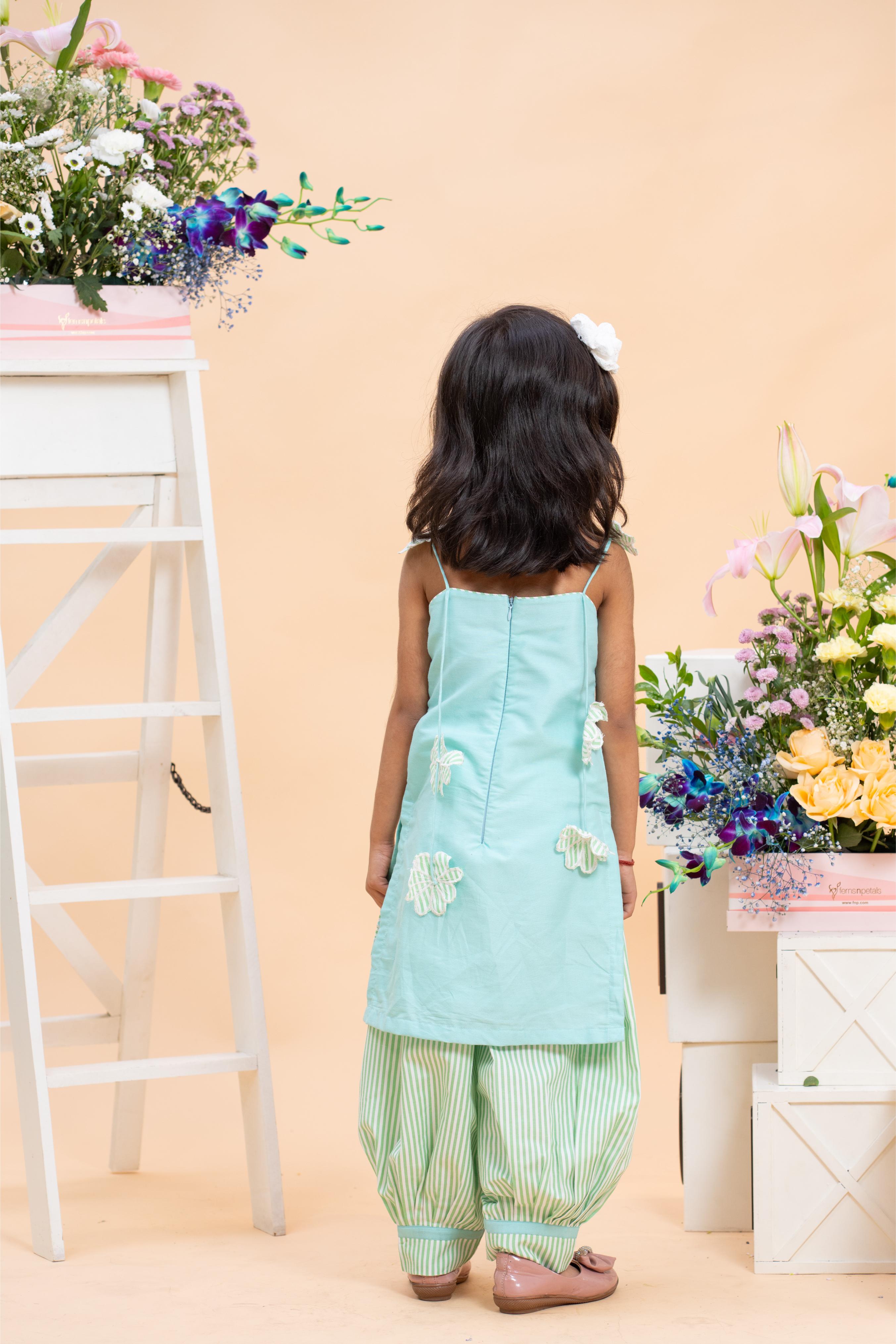 kids mint green lace kurti with striped dhoti ethnic outfit
