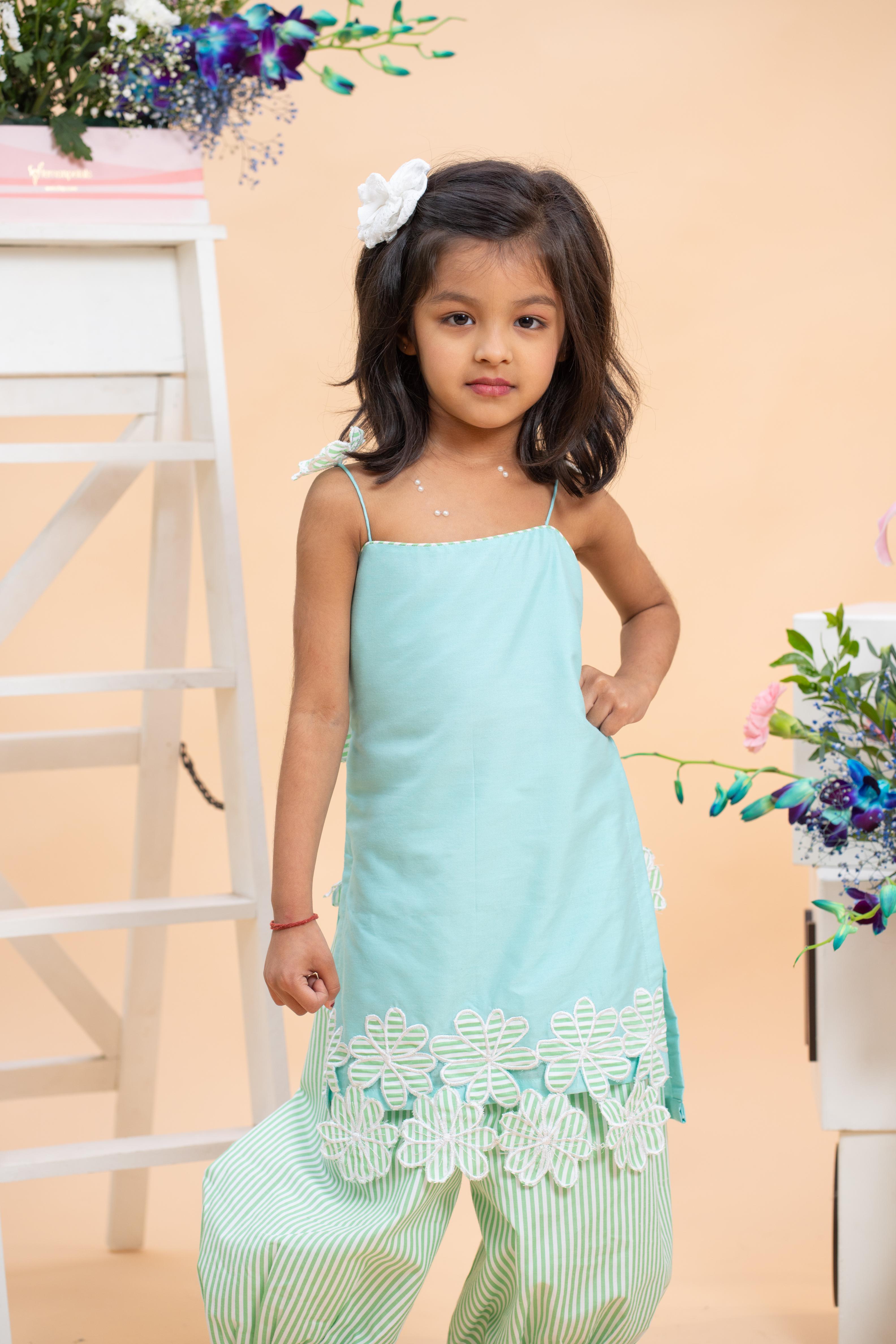 Mint Green Lace Kurti with Striped Dhoti Set for Girls | Festive Ethnic Wear | Kirti Agarwal 0-6m