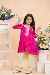 Fuchsia Pink Embroidered Kurti With Pastel Yellow Farsi Salwar Set